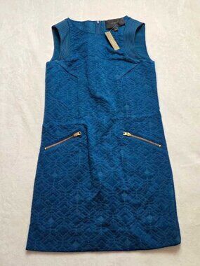 New XXXS J.Crew jacquard mod style shift dress zip pockets Peacock Blue